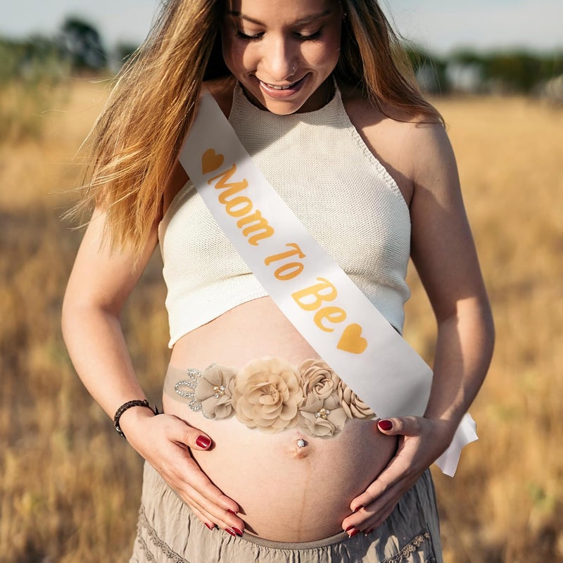 WeddingSteps Baby Shower Maternity Sash Belly Belt-Pink Flower Sash Set Mom to Be & Dad to Be Corsage Pins for Gender Reveal - Image 4